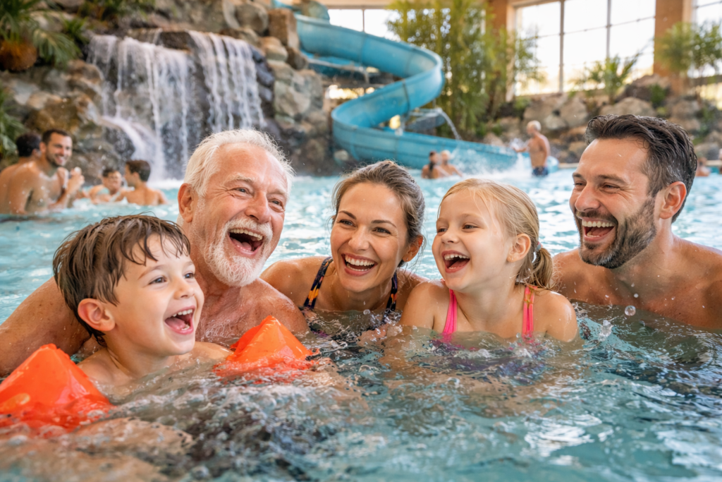 Famille qui s'amuse dans un centre aquatique 