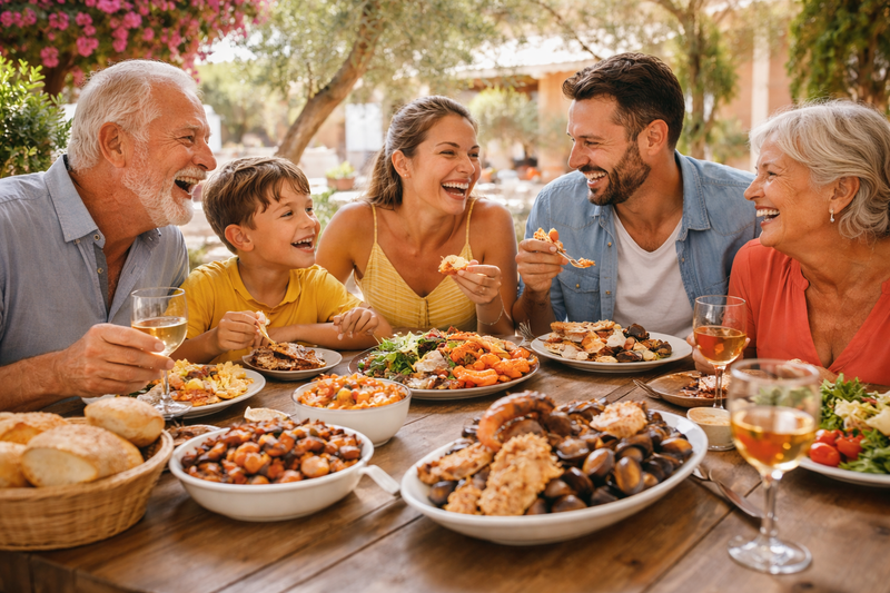 Une famille qui s'amuse autour d'une table en profitant de la gastronomie locale pendant qu'il pleut dans le Var