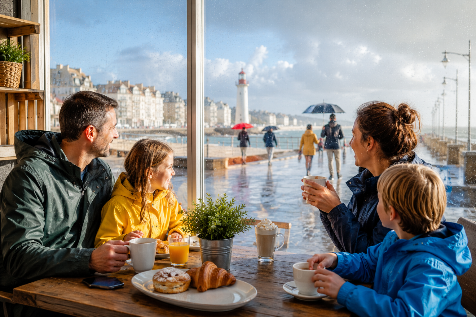 Une famille dehors alors qu'il pleut
