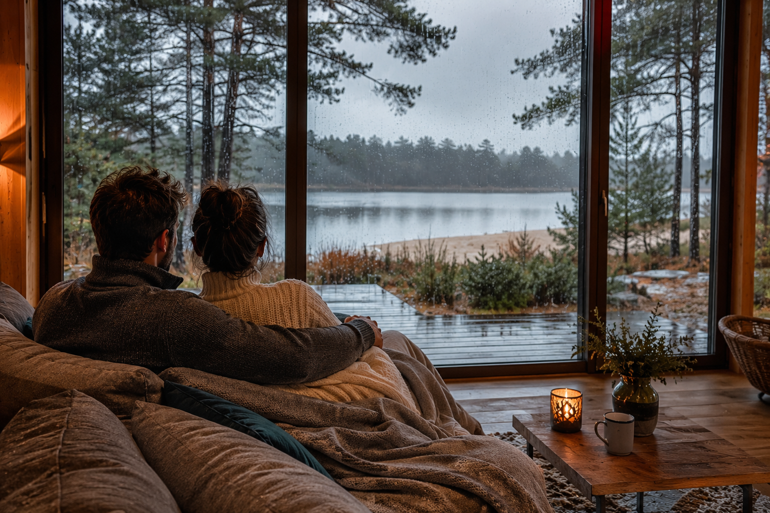 un couple dans leur chalet à Biscarosse en temps de pluie