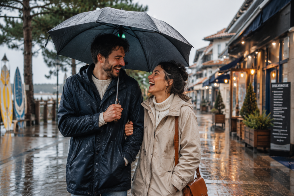 Un couple qui se promène en ville en temps de pluie