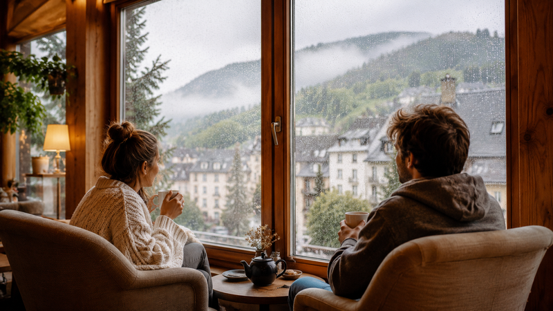 Un couple qui passe du bon temps au Le Mont Dore malgré la pluie