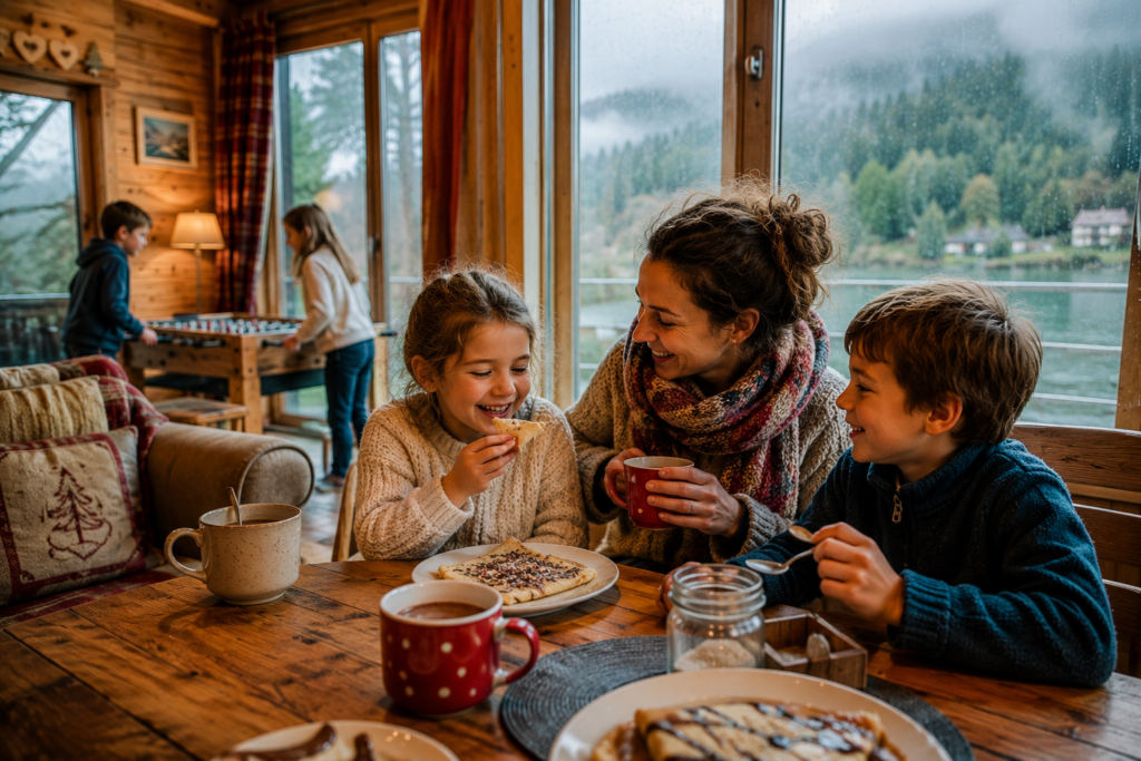 Une famille qui s'amuse malgré la météo
