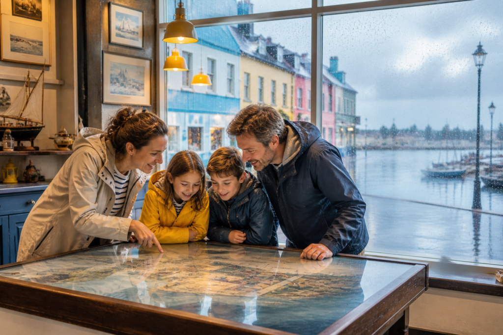 Une famille qui s'amuse malgré la pluie