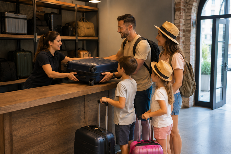 Une famille qui dépose ses bagages dans un consigne foyages