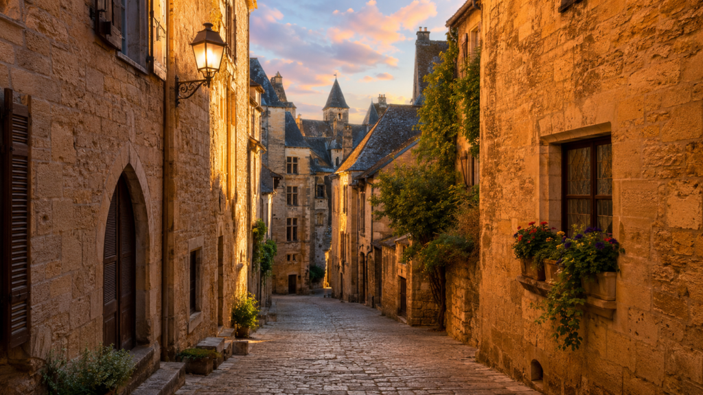 Une ruelle médiévale pavée de Sarlat avec ses bâtiments en pierre blonde au coucher du soleil