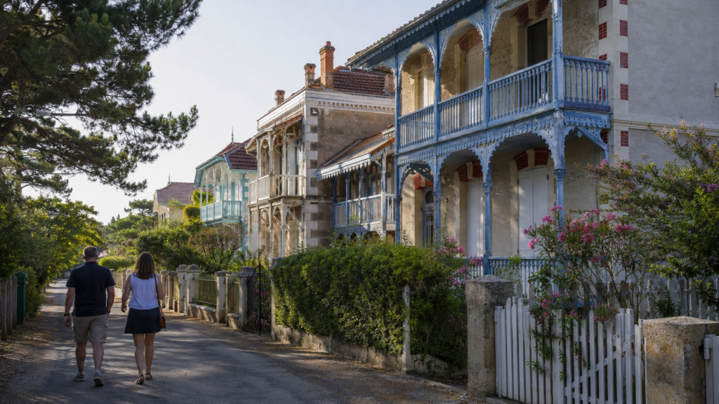 Villas balnéaires anciennes dans une rue arborée de Soulac-sur-Mer.