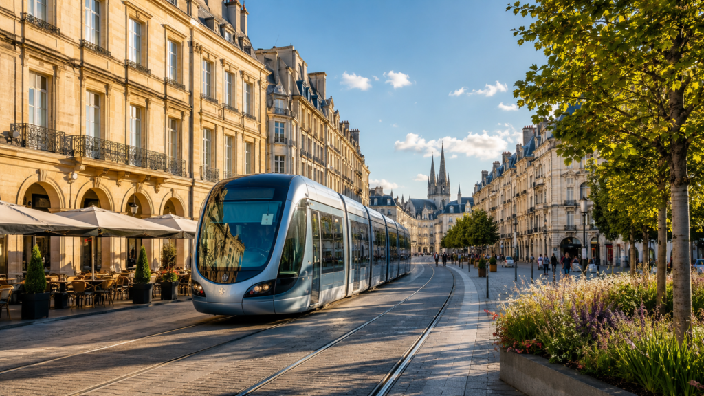 Avenue résidentielle de Grenoble desservie par un tramway, avec les Alpes au loin.