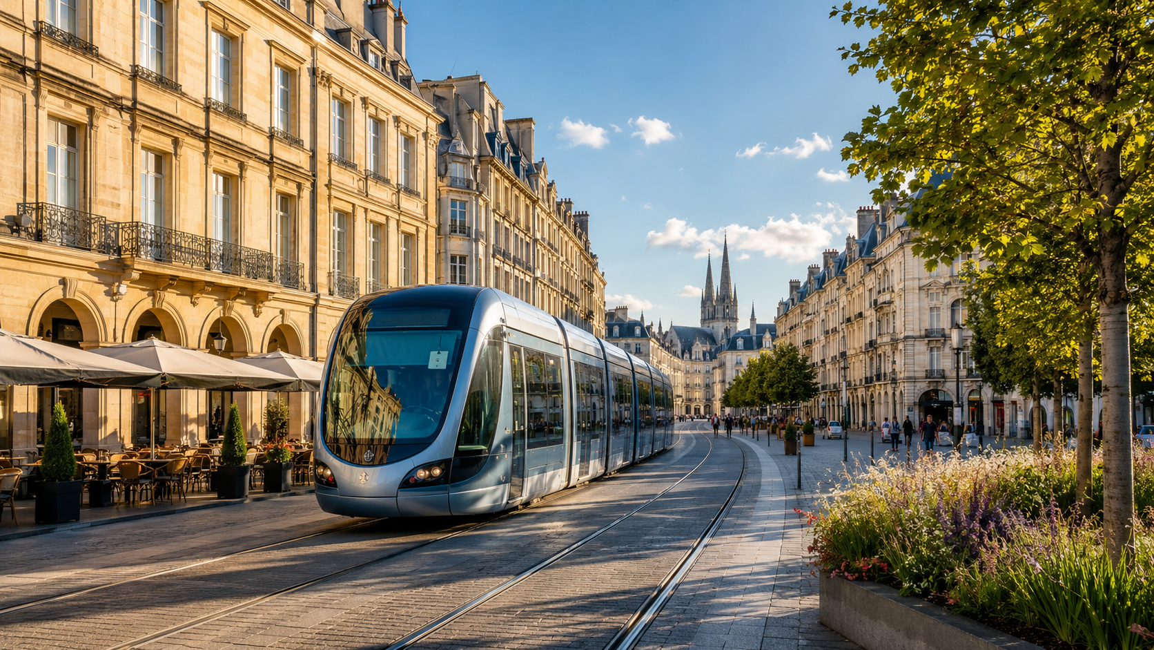 Avenue résidentielle de Grenoble desservie par un tramway, avec les Alpes au loin.
