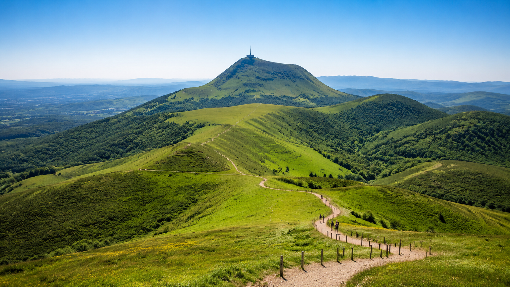 Vue panoramique sur les volcans verdoyants de la chaîne des Puys en Auvergne.
