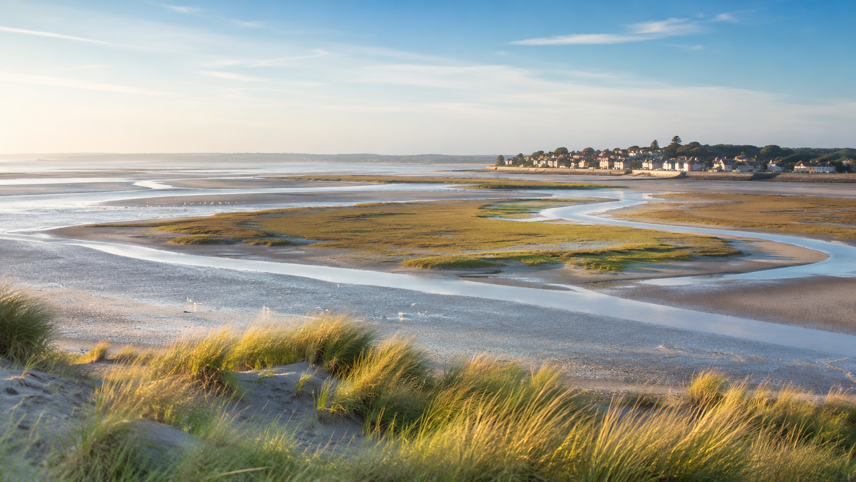 Vue panoramique de la baie de Somme à marée basse, avec prés-salés et chenaux