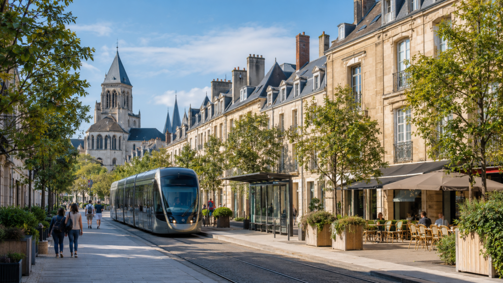 Rue résidentielle et tramway dans le centre de Caen, près des bâtiments historiques