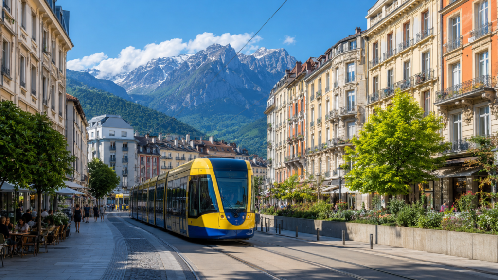 Tramway traversant le centre de Grenoble, avec les Alpes en arrière-plan