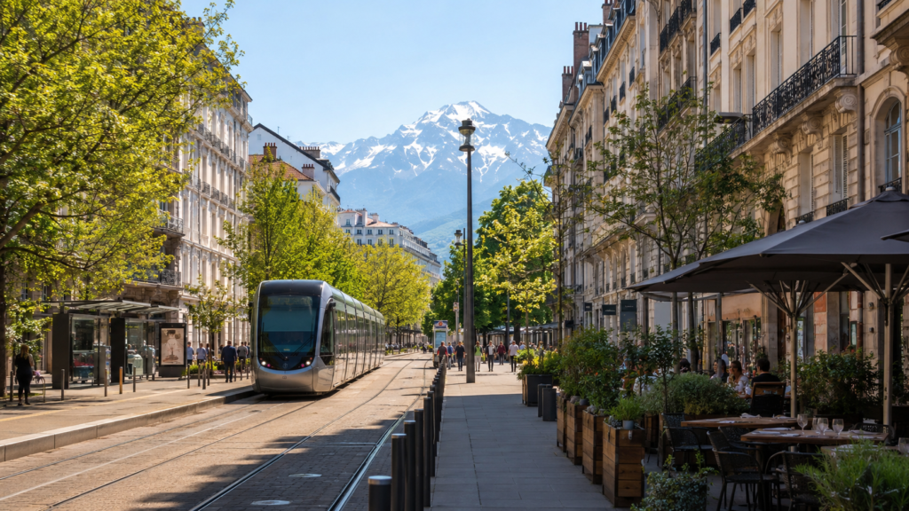 Tramway traversant le centre de Grenoble, avec les Alpes en arrière-plan