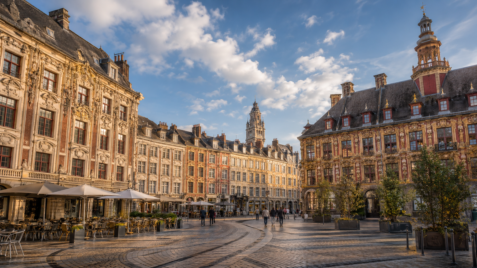 Grand’Place de Lille avec façades flamandes et terrasses ensoleillées.