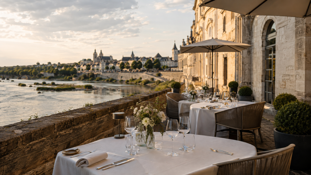 Table gastronomique dressée face à la Loire, près d’un bâtiment ancien à Blois.