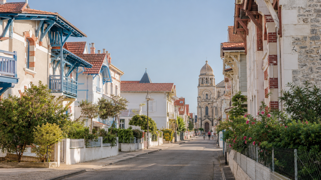 Rue du centre de Soulac-sur-Mer bordée de villas Belle Époque, avec la basilique Notre-Dame-de-la-Fin-des-Terres