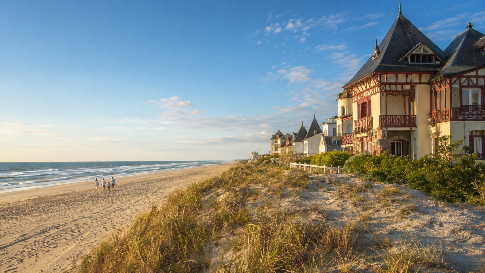 Villas Belle Époque de Soulac-sur-Mer, plage de sable et vagues de l’océan Atlantique