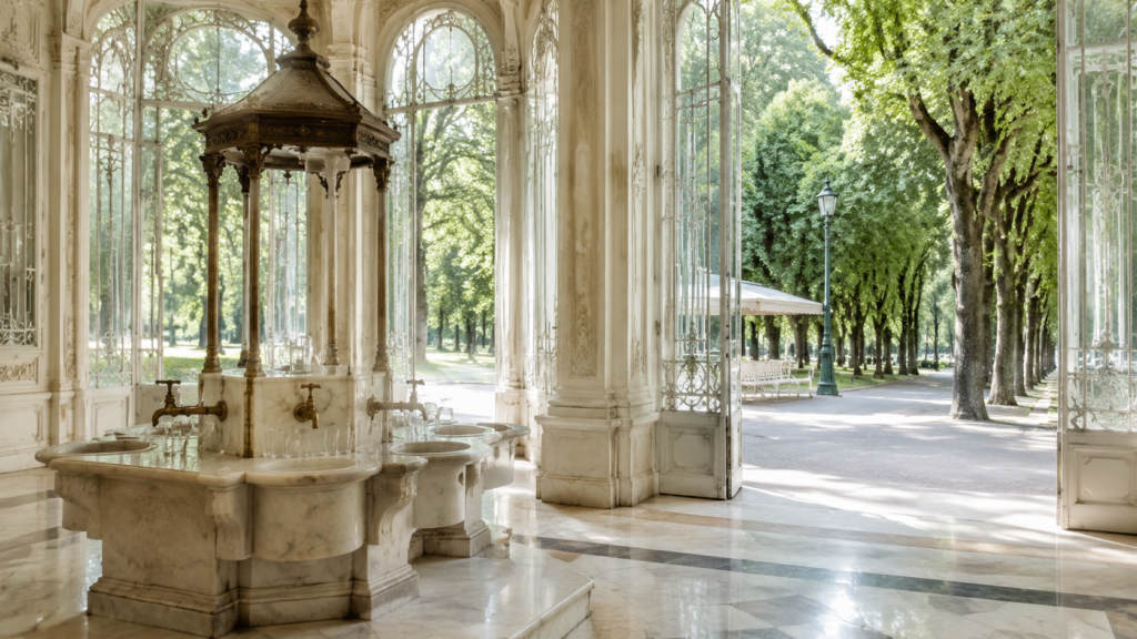 Allée du parc des Sources à Vichy, bordée d’arbres et d’architecture thermale.