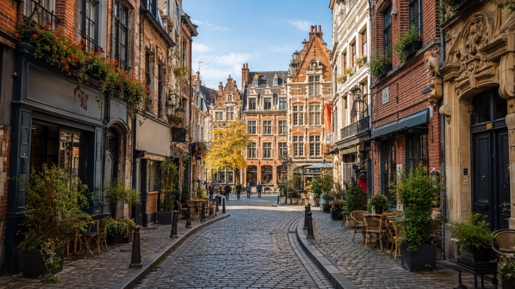 Rue pavée du Vieux-Lille bordée de façades flamandes et de terrasses.