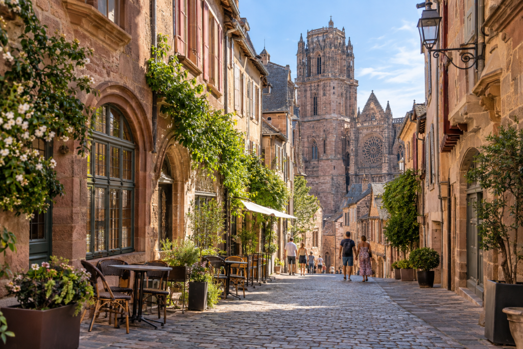 Rue pavée du centre ancien de Rodez, avec la cathédrale Notre-Dame en arrière-plan.