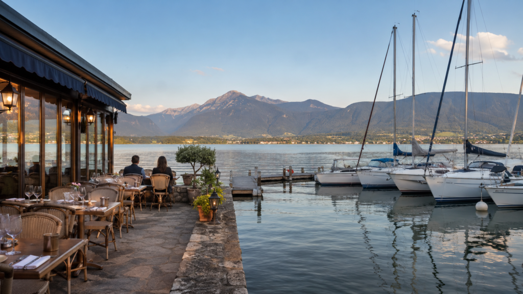 Terrasse de brasserie au Petit Port d’Aix-les-Bains, avec bateaux et lac du Bourget