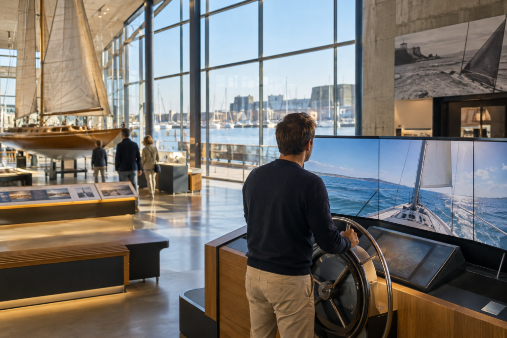 Visiteur utilisant un simulateur de navigation dans un espace consacré à la voile à Lorient.