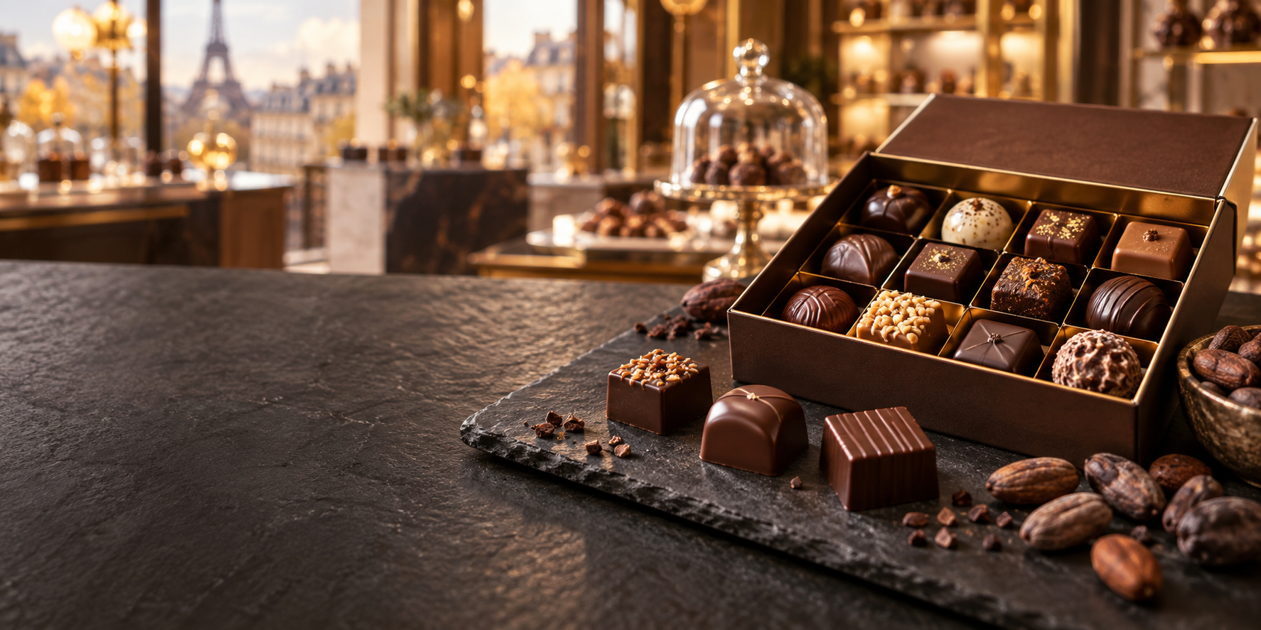 Coffret de chocolats artisanaux assortis présenté dans une chocolaterie française élégante