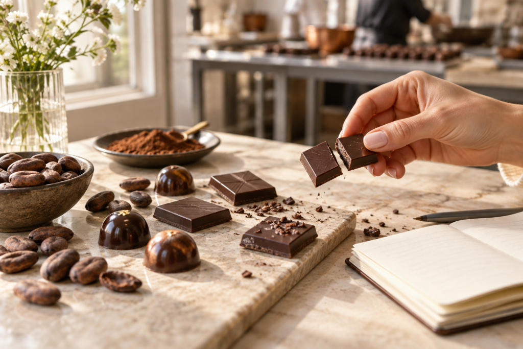 Dégustation de chocolats artisanaux français avec carrés de chocolat noir, pralinés et fèves de cacao sur une table lumineuse.