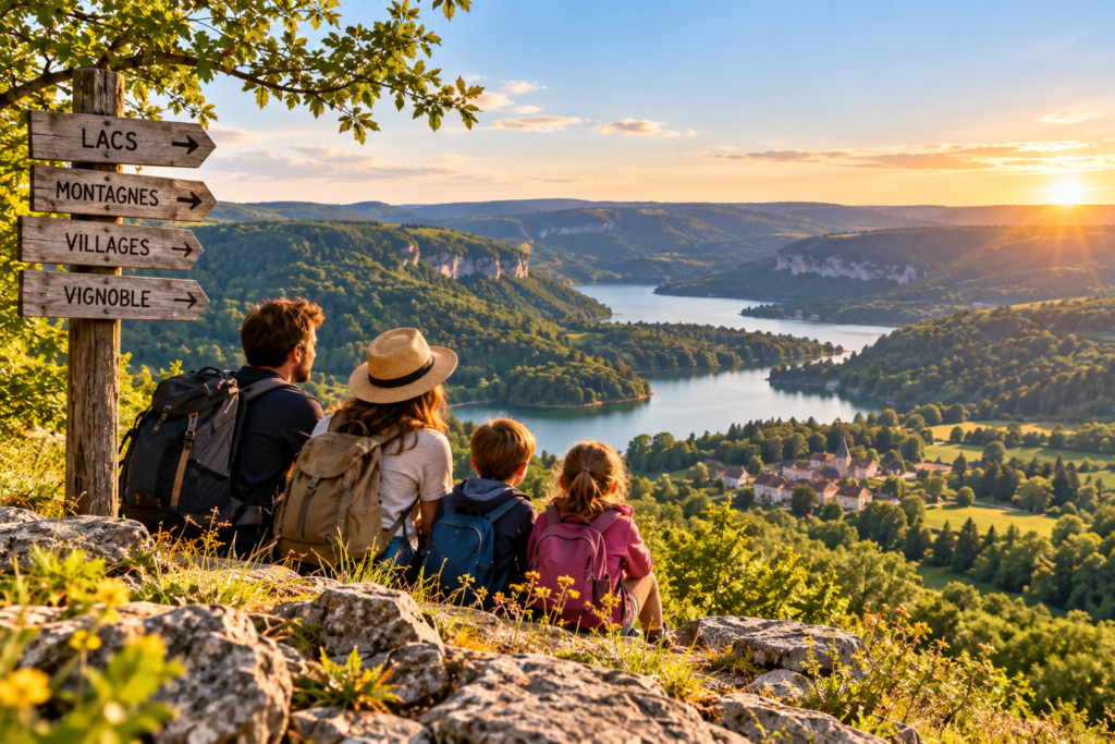 Famille admirant les lacs et paysages du Jura depuis un belvédère au coucher du soleil.