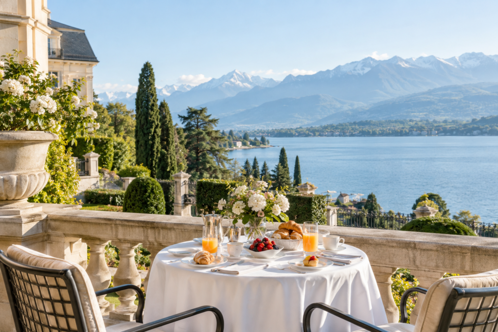 Petit-déjeuner raffiné sur la terrasse d’un hôtel de luxe, face au lac Léman et aux Alpes.