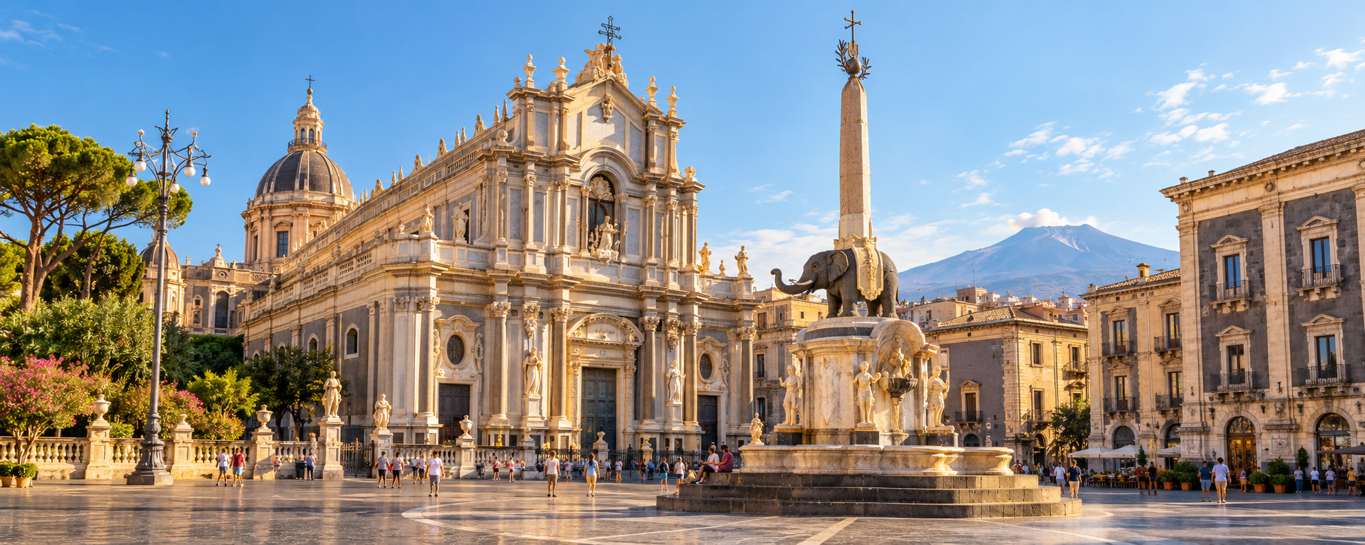 Piazza Duomo de Catane avec la fontaine de l’Éléphant, la cathédrale Sainte-Agathe et l’Etna.