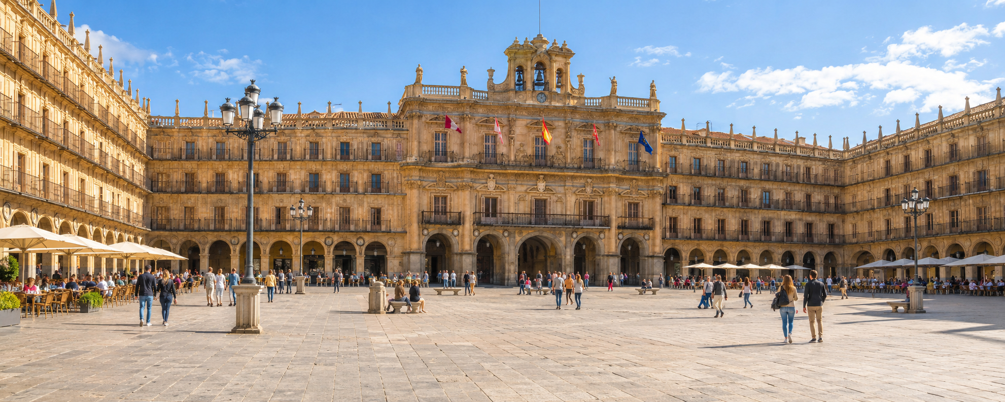 Plaza Mayor de Salamanque, avec ses façades baroques dorées et ses terrasses animées.