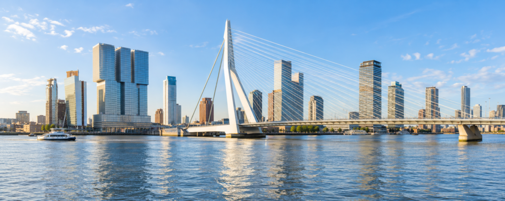 Pont Érasme de Rotterdam traversant la Meuse face aux tours modernes de Kop van Zuid.