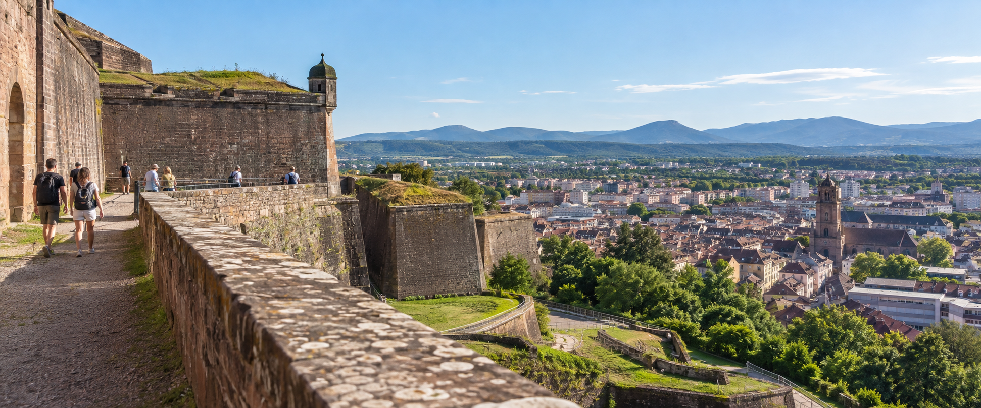 Promenade sur les remparts de la citadelle de Belfort, avec vue sur la vieille ville et les Vosges du Sud.