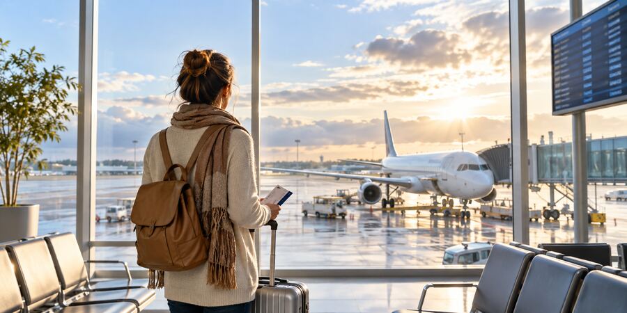 Voyageuse face à un avion sur une piste humide après un retard de vol météo.