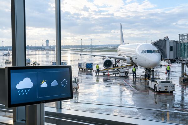 Avion immobilisé sur une piste humide avec des informations météo dans le terminal.