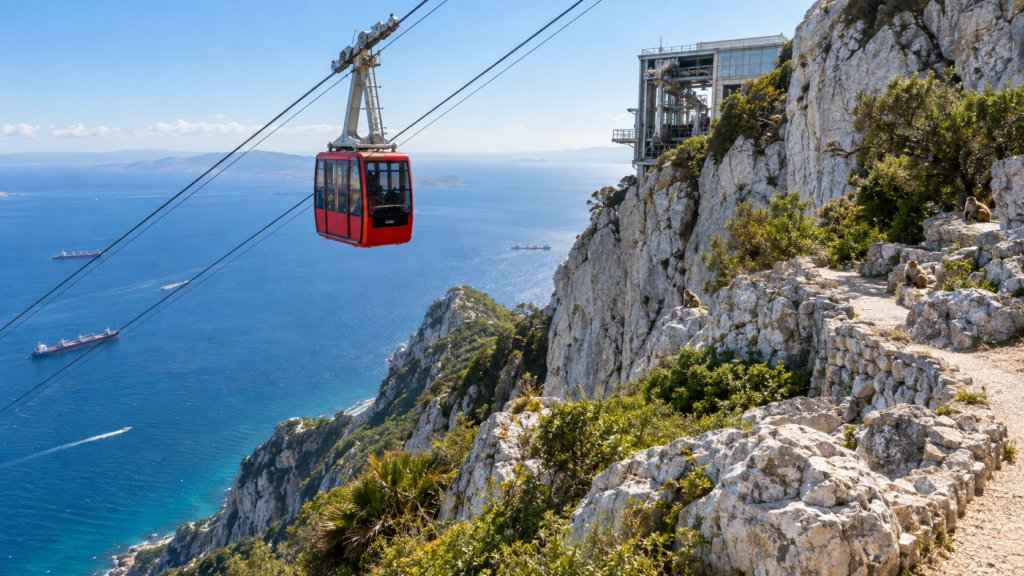 Téléphérique rouge au sommet du Rocher de Gibraltar, face à la mer et aux falaises.