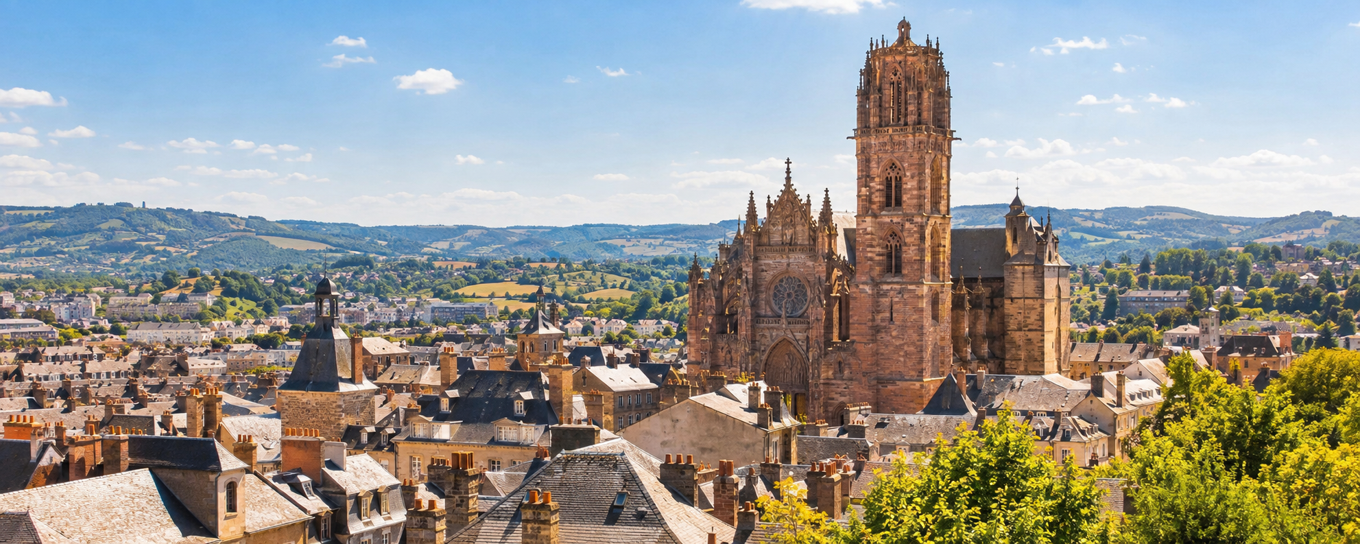 Vue lumineuse sur la cathédrale Notre-Dame de Rodez et les toits du centre ancien.