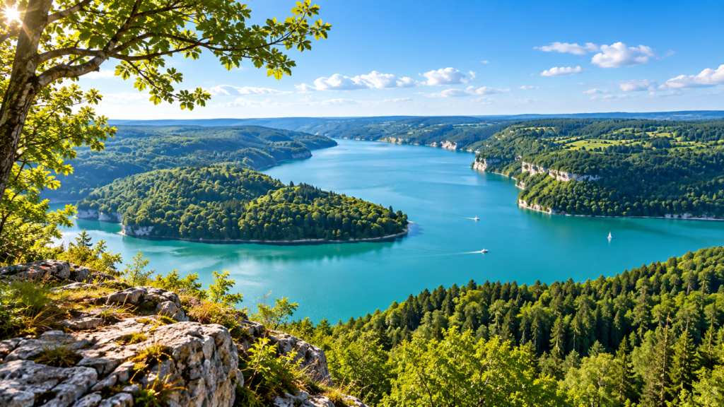 Vue panoramique sur le lac de Vouglans et les paysages verdoyants du Jura.