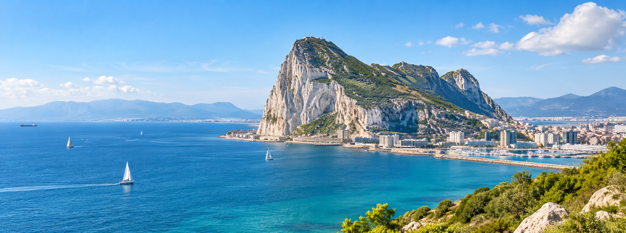 Vue lumineuse du Rocher de Gibraltar, de la baie méditerranéenne et de voiliers.