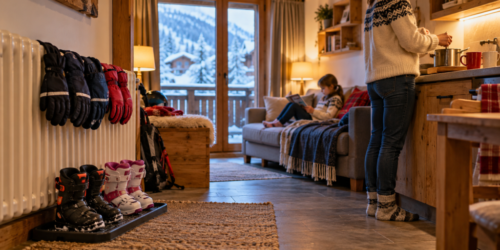 Appartement de montagne familial avec gants et chaussures de ski qui sèchent près d’un radiateur.