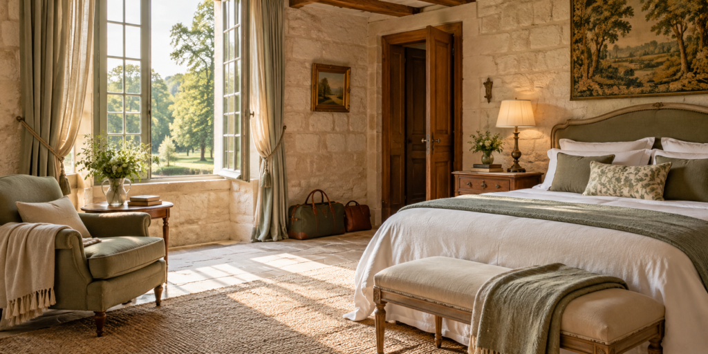 Chambre d’hôtes élégante dans un château du Val de Loire, avec vue sur un parc arboré.