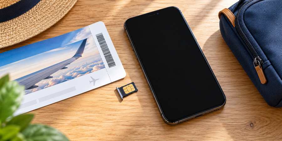 Smartphone avec tiroir nano-SIM, carte d’embarquement et pochette de voyage sur une table.