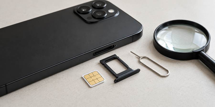 Smartphone avec tiroir nano-SIM ouvert, carte SIM et outil d’éjection sur un plan de travail.